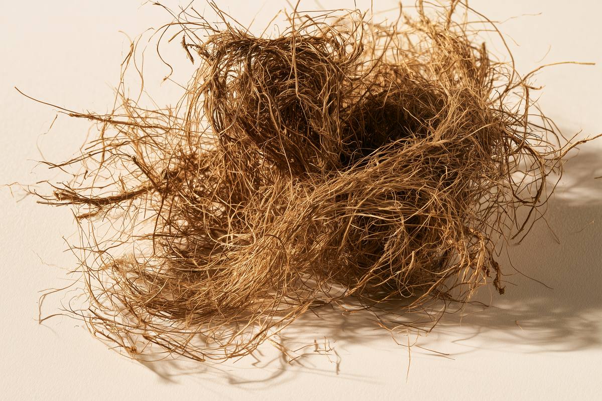 Loose coconut fiber, also called coir, coarse and pale brown.