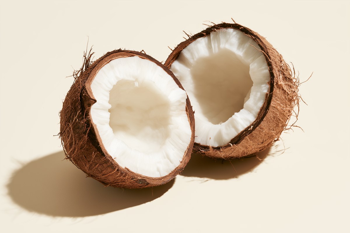 A coconut split in half on a cream background.