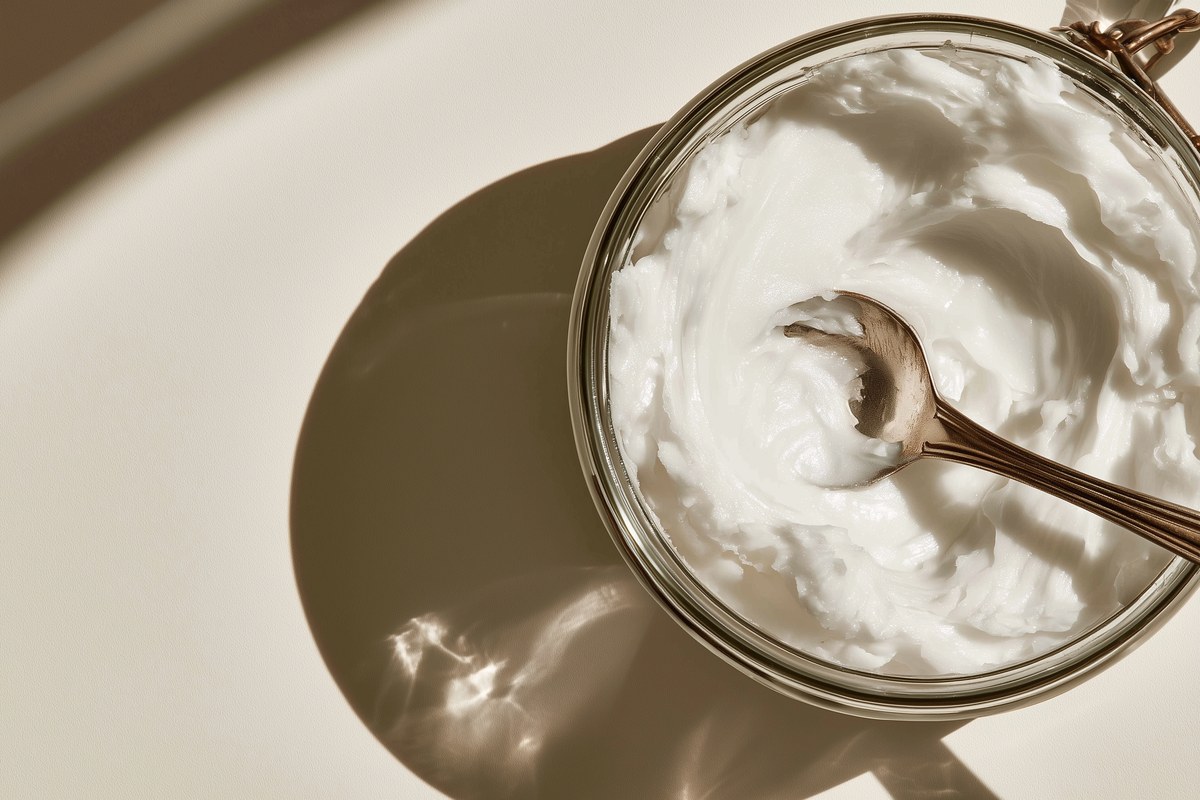 A large open jar of solid white coconut oil with a spoon and a fresh scoop mark.