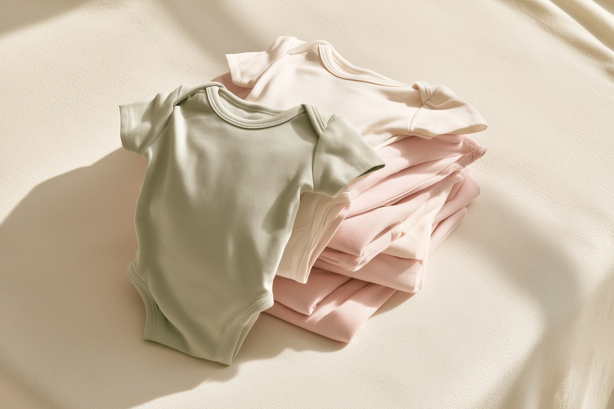 A stack of folded cotton baby bodysuits in soft colors.