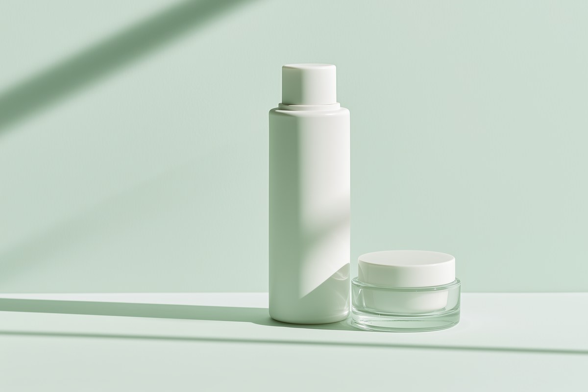 A plain white unlabeled bottle and small glass jar on a pale background.